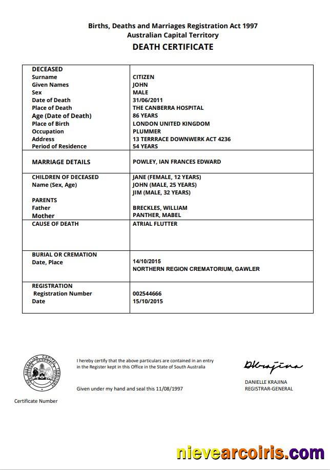 Australia Australian Capital Territory death certificate